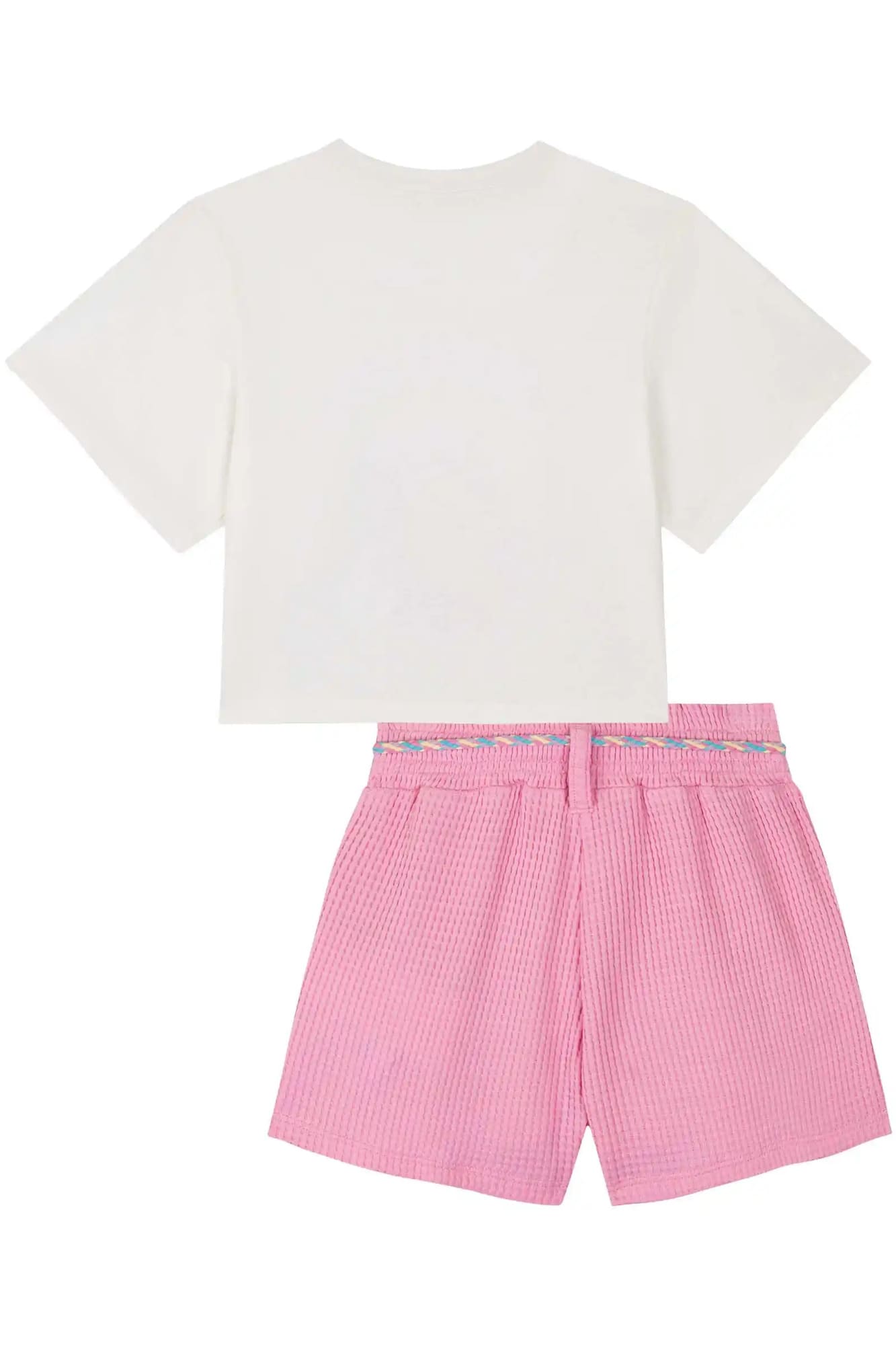 Conjunto Infantil Kukiê Verão com Shorts Rosa e Blusa Branca Florzinha Arco-irís