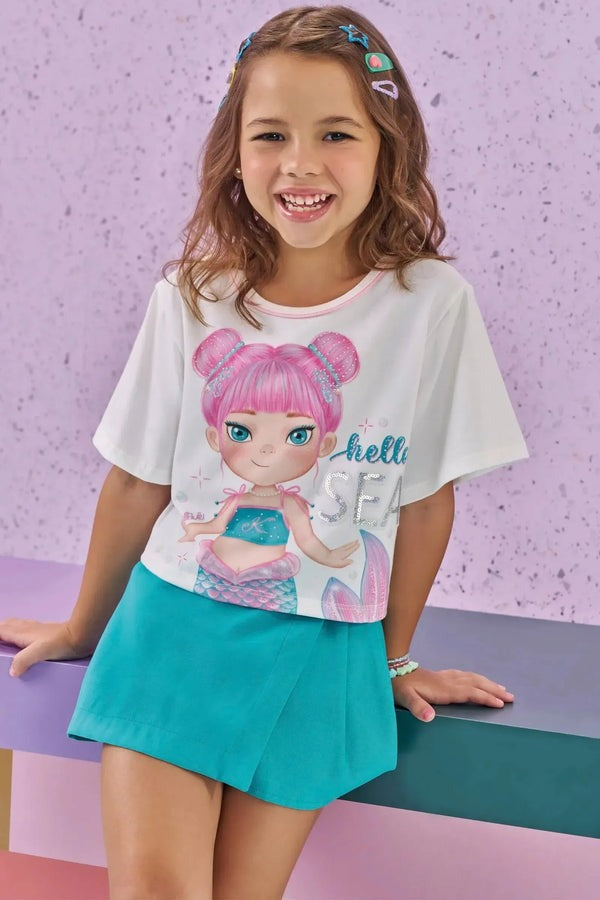 Conjunto Infantil Kukiê Verão com Shorts Saia Azul e Blusa Branca Sereia