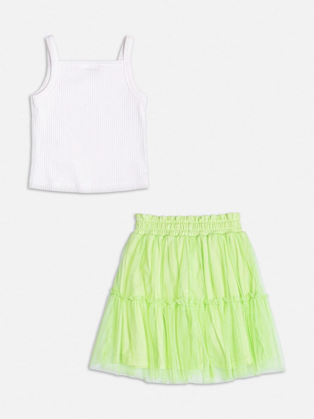 Conjunto Infantil Momi Verão Saia em Tule Verde e Blusa Canelada Com Brilho
