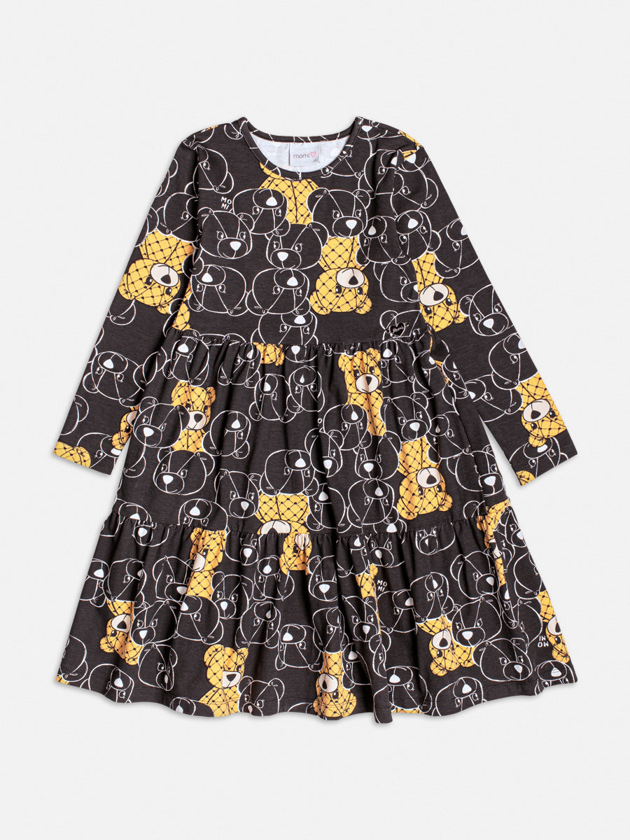 Vestido Infantil Momi Inverno Manga Longa Preto Ursinhos