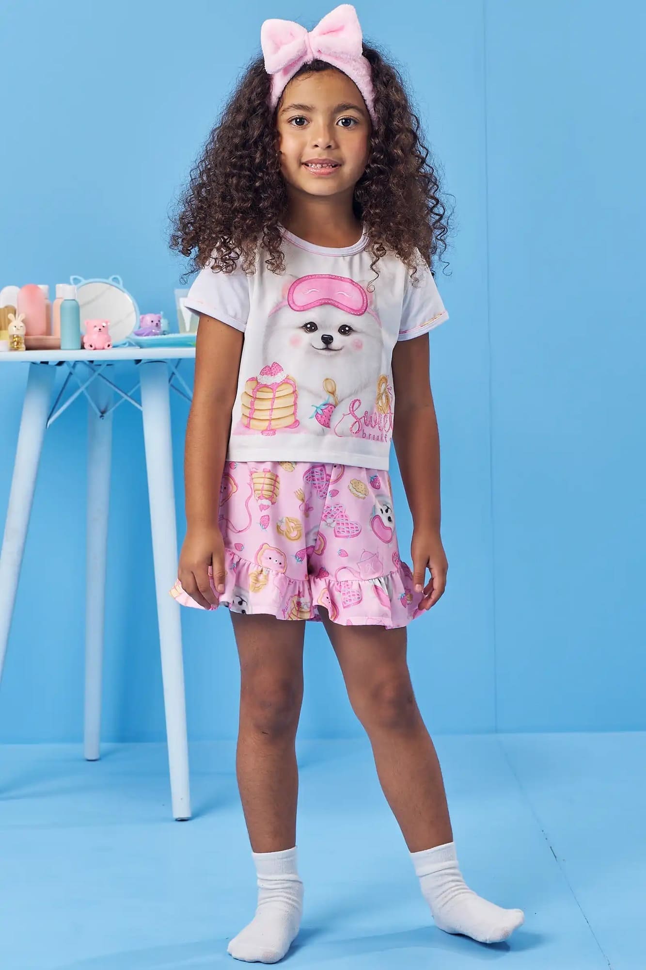 Pijama Infantil Kukiê Verão com Shorts Rosa e Blusa Branca Cachorrinha