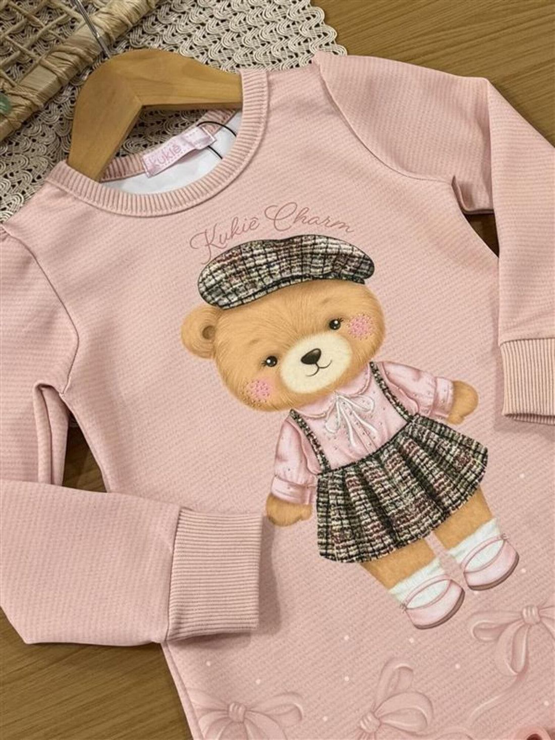 Vestido Infantil Kukiê Inverno Rosa Ursinha e Lacinhos
