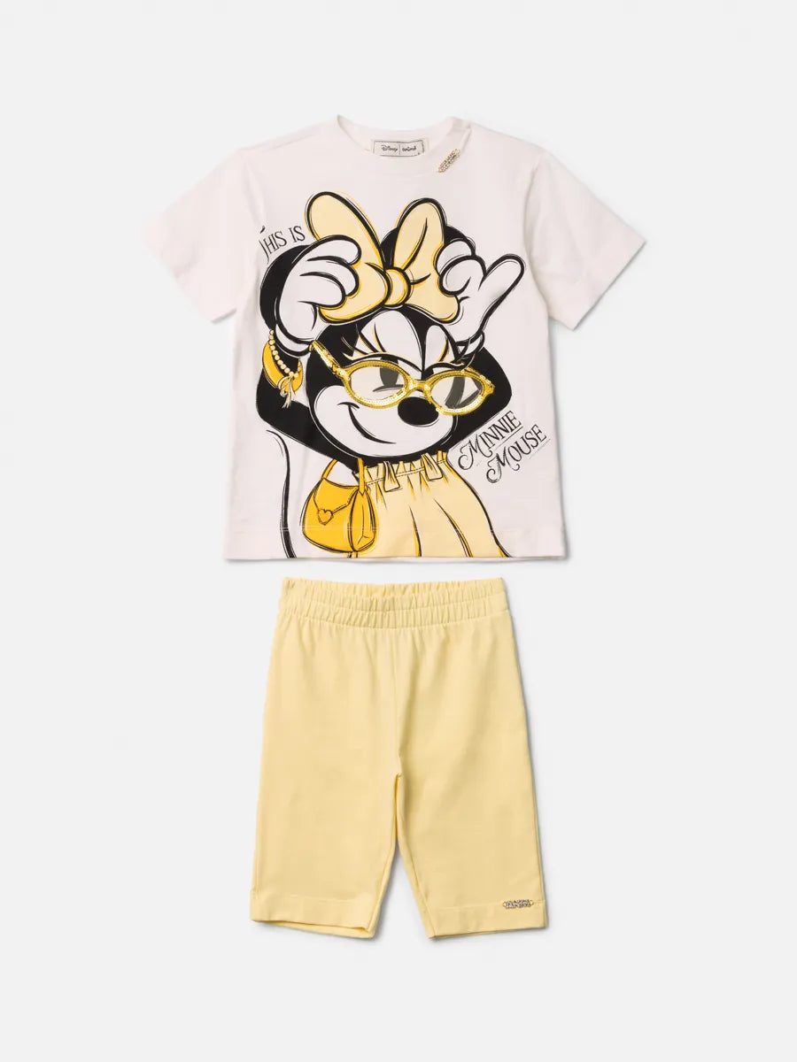 Conjunto Infantil Menina Animê com Shorts Ciclista Amarelo e Blusa Branca Fashion Minnie Disney