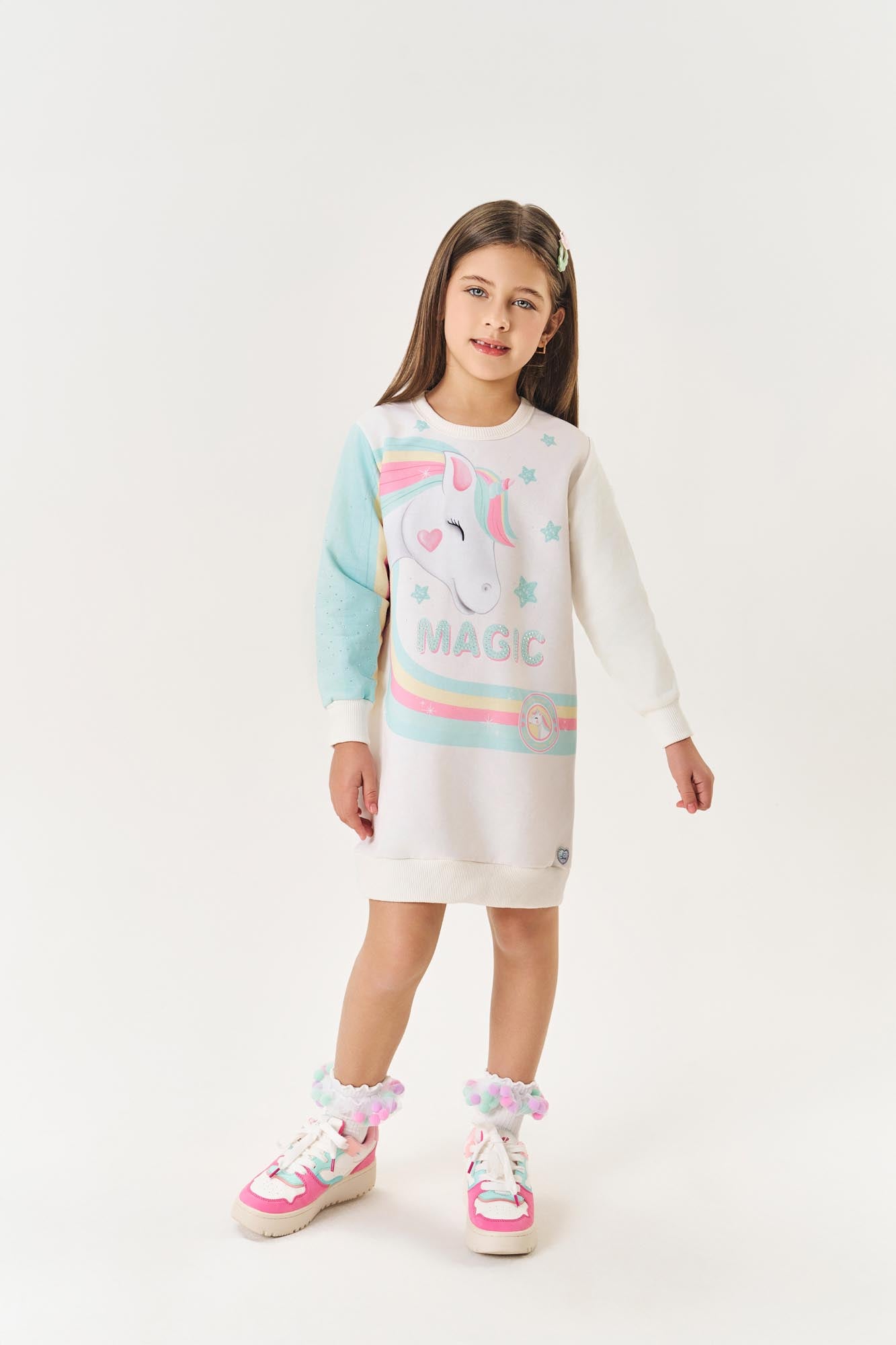 Vestido Infantil Cinti Inverno Flanelado Off White Unicórnio