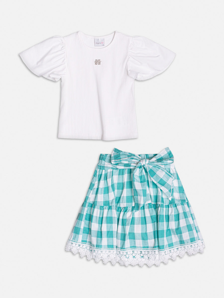 Conjunto Infantil Momi Verão Saia Xadrez e Blusa Branca