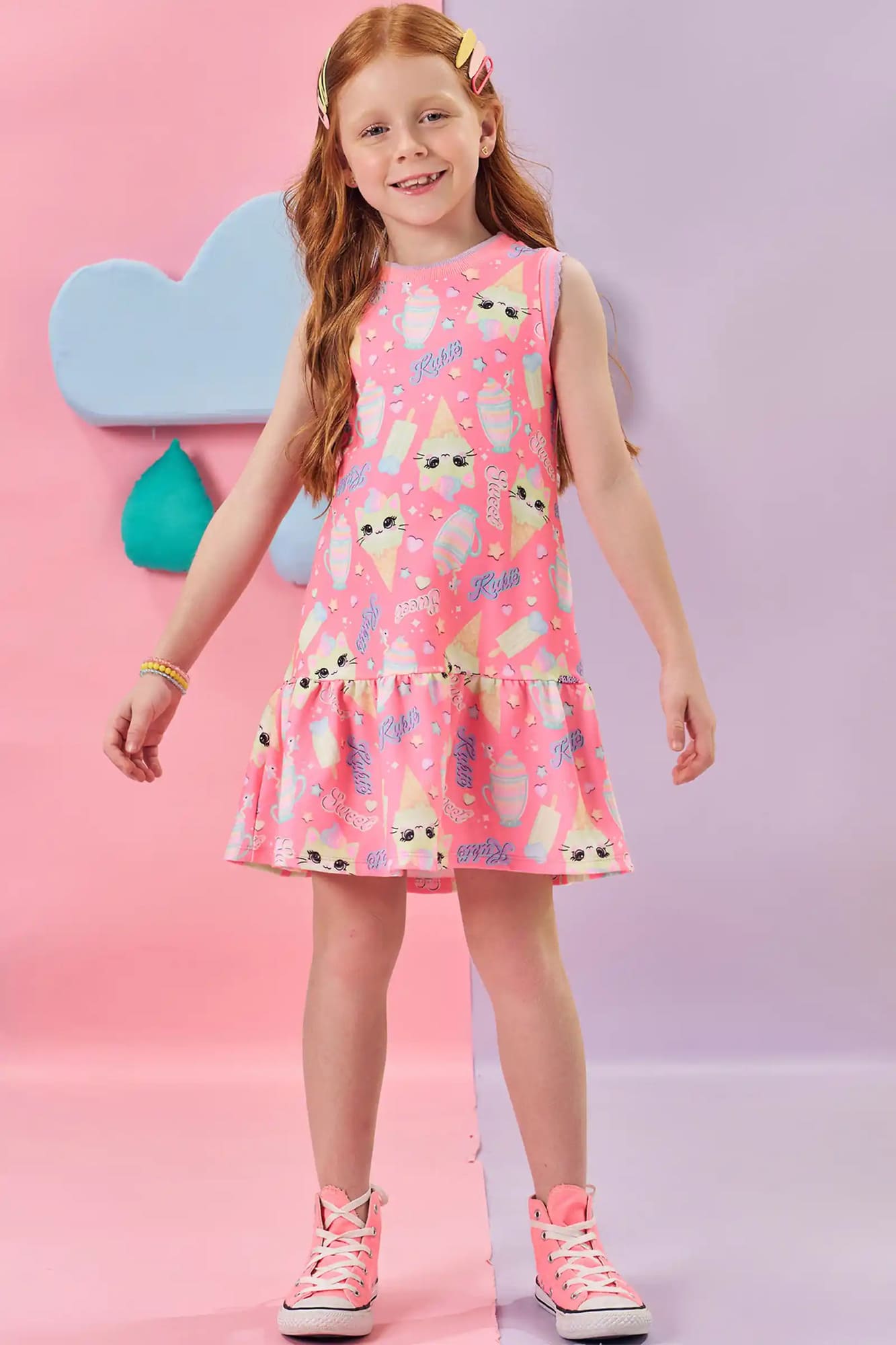 Vestido Infantil Kukiê Verão Rosa Gatinha Sorvete