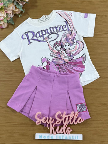 Conjunto infantil Animê com Shorts Rosa e Blusa Manga Curta Rapunzel Disney