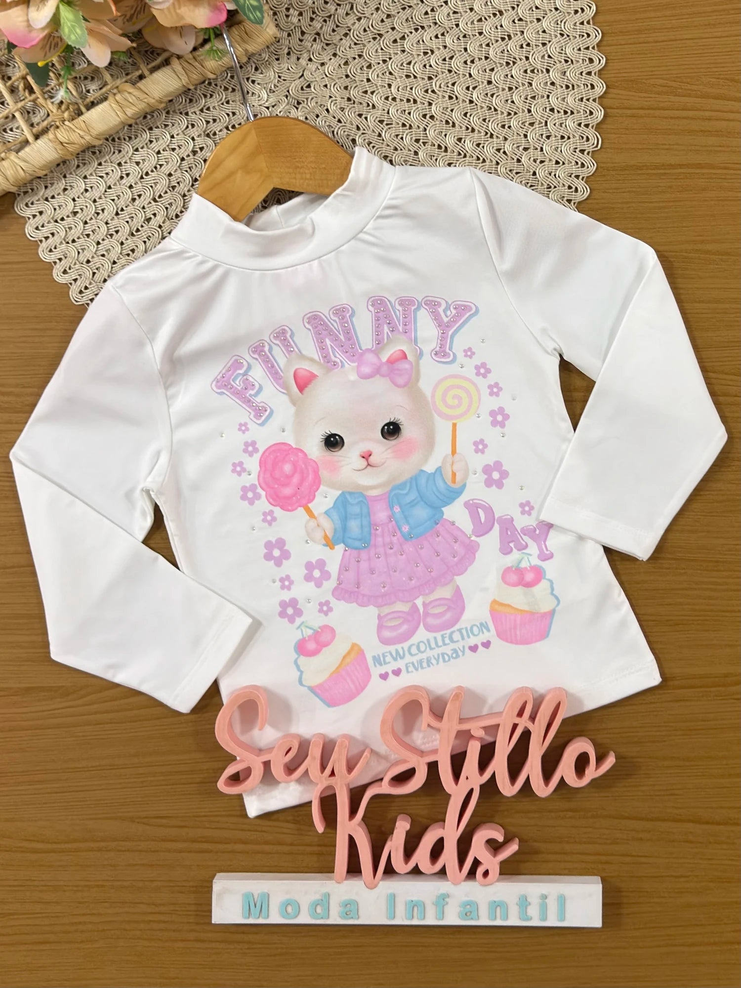 Blusa Infantil Cinti Inverno Manga Longa Térmica Branca Gatinha Funny