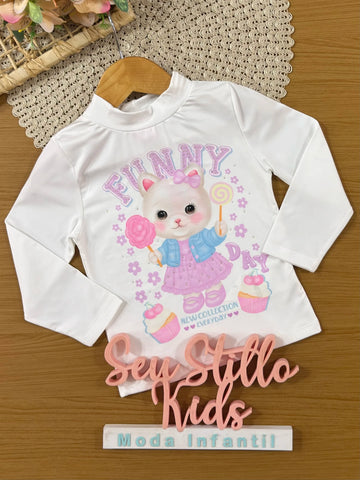 Blusa Infantil Cinti Inverno Manga Longa Térmica Branca Gatinha Funny