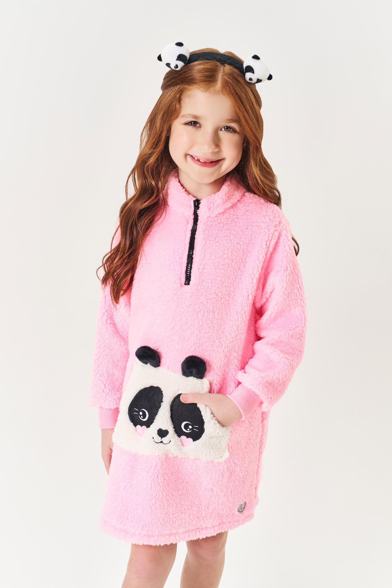 Vestido Infantil Cinti Inverno Rosa em Pelo Pandinha
