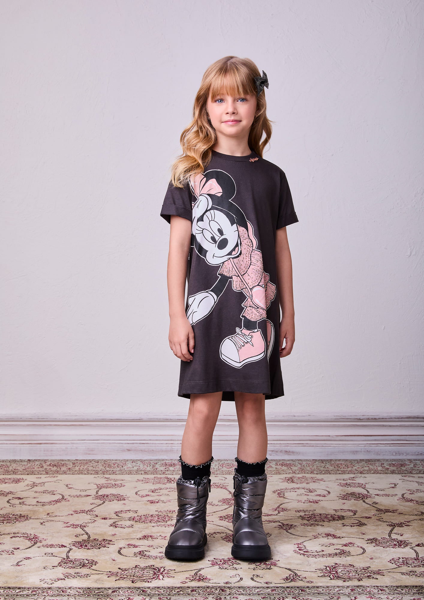 Vestido Infantil Animê Cinza Escuro Minnie e Margarida Disney