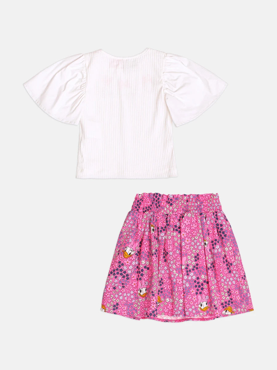 Conjunto Infantil Momi Inverno com Saia Rosa Floral e Blusa Manga Curta Margarida Disney
