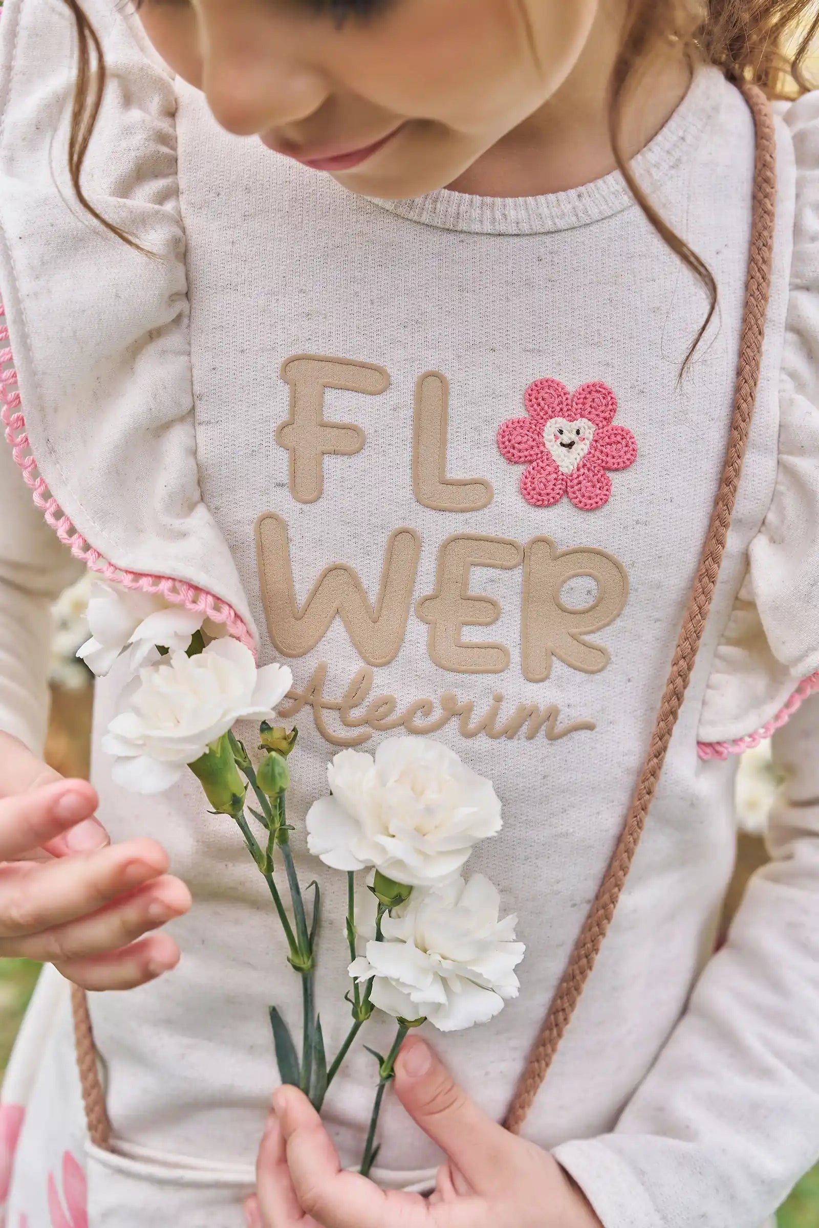 Vestido Infantil Kukiê Inverno Off White Flower com Bolsinha