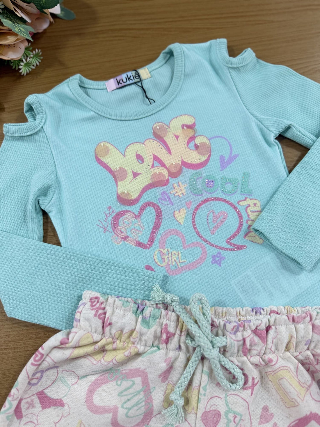 Conjunto Infantil Kukiê Inverno com Shorts e Blusa Manga Longa Azul Love