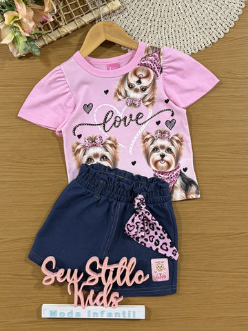Conjunto Infantil Cinti Verão com Shorts Saia Azul Escuro e Blusa Rosa Cachorrinha Love
