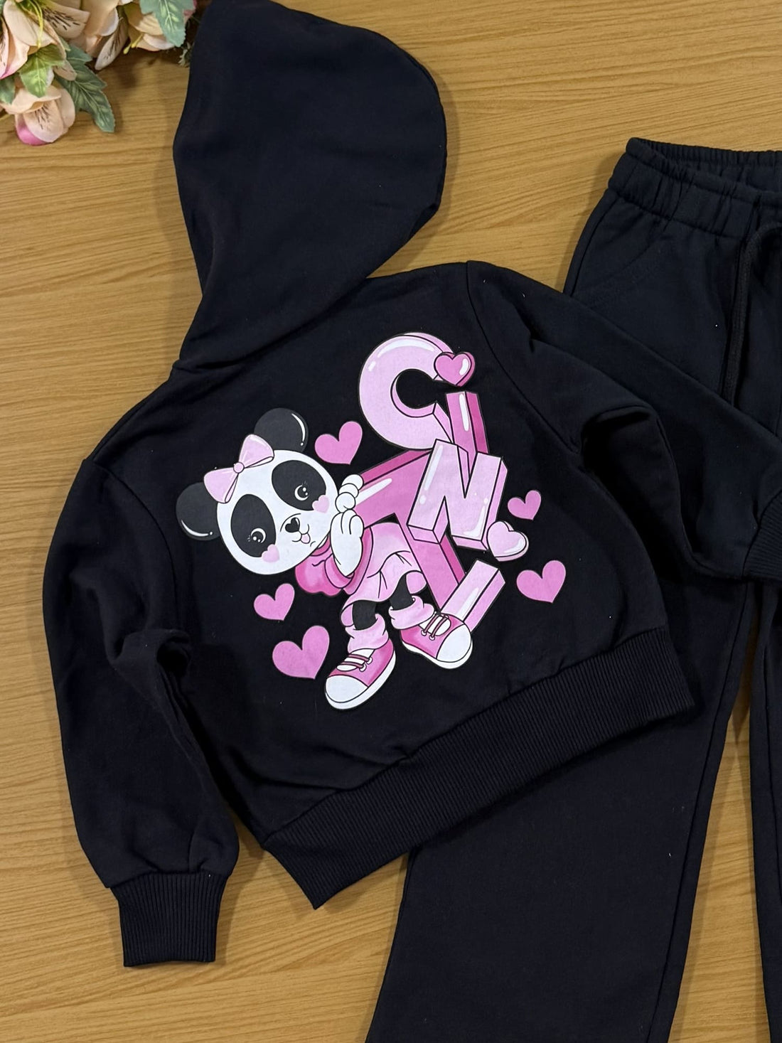 Conjunto Infantil Cinti Inverno Calça Wide Leg e Moletom Flanelado Preto Panda