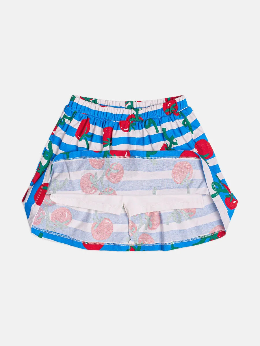 Conjunto Infantil Menina Bimbi com Saia Listrada Azul e Blusa Branca Tomatinhos