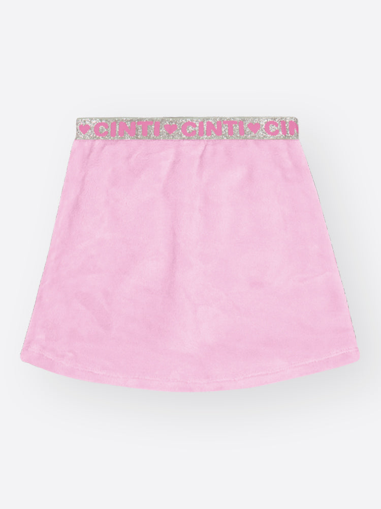 Conjunto Infantil Cinti Inverno com Saia Rosa Peluciada e Blusa Branca Ursinha Strass com Bolsinha