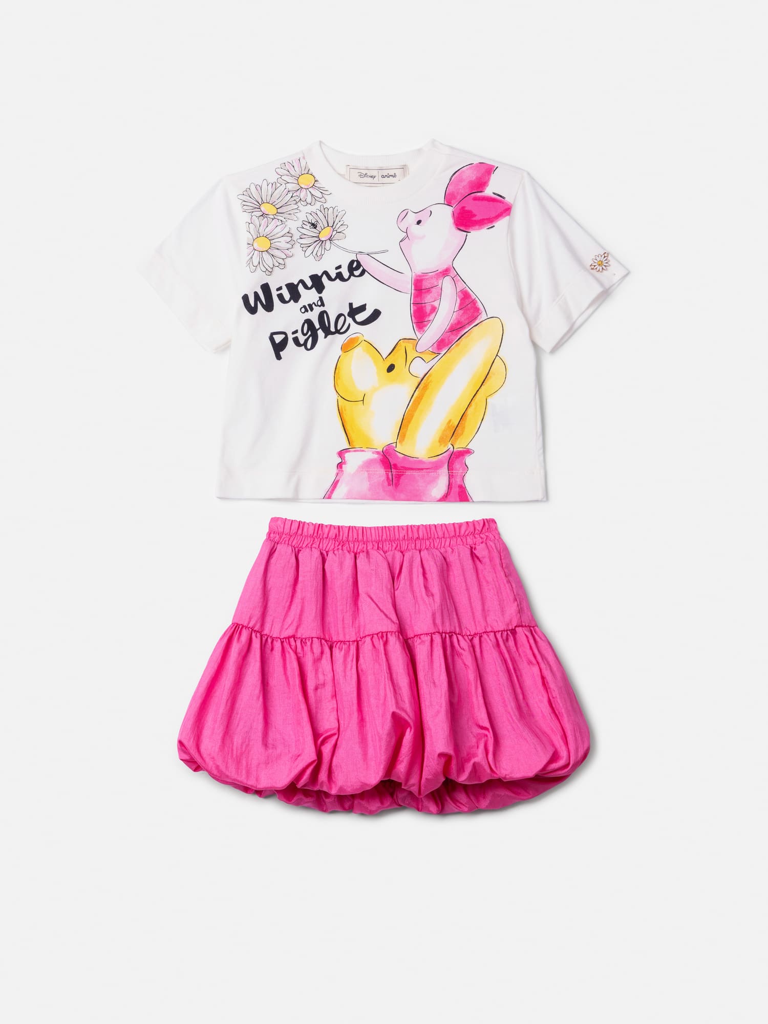 Conjunto Infantil Animê Verão Saia Balone Rosa e Blusa Branca Pooh e Leitão Disney