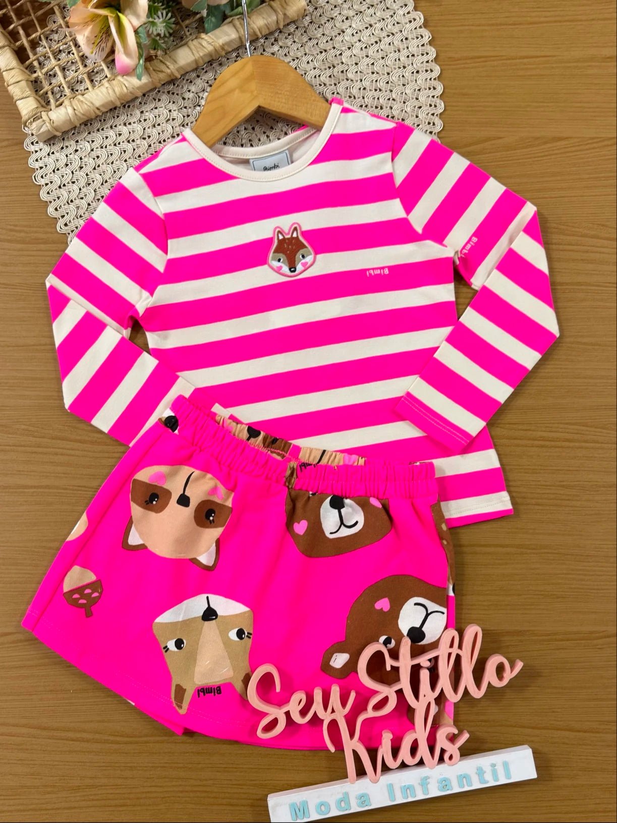 Conjunto Infantil Bimbi Inverno com Shorts Saia e Blusa Manga Longa Rosa Listrada Raposinha