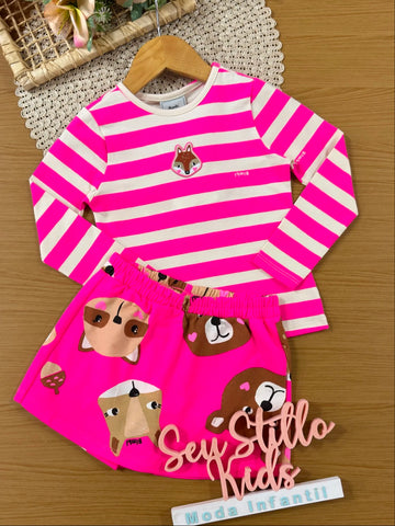 Conjunto Infantil Bimbi Inverno com Shorts Saia e Blusa Manga Longa Rosa Listrada Raposinha