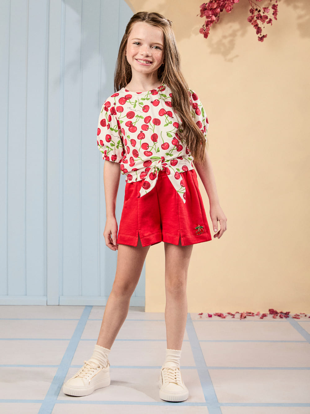 Conjunto Infantil Animê Verão Shorts Vermelho e Blusa Cereja