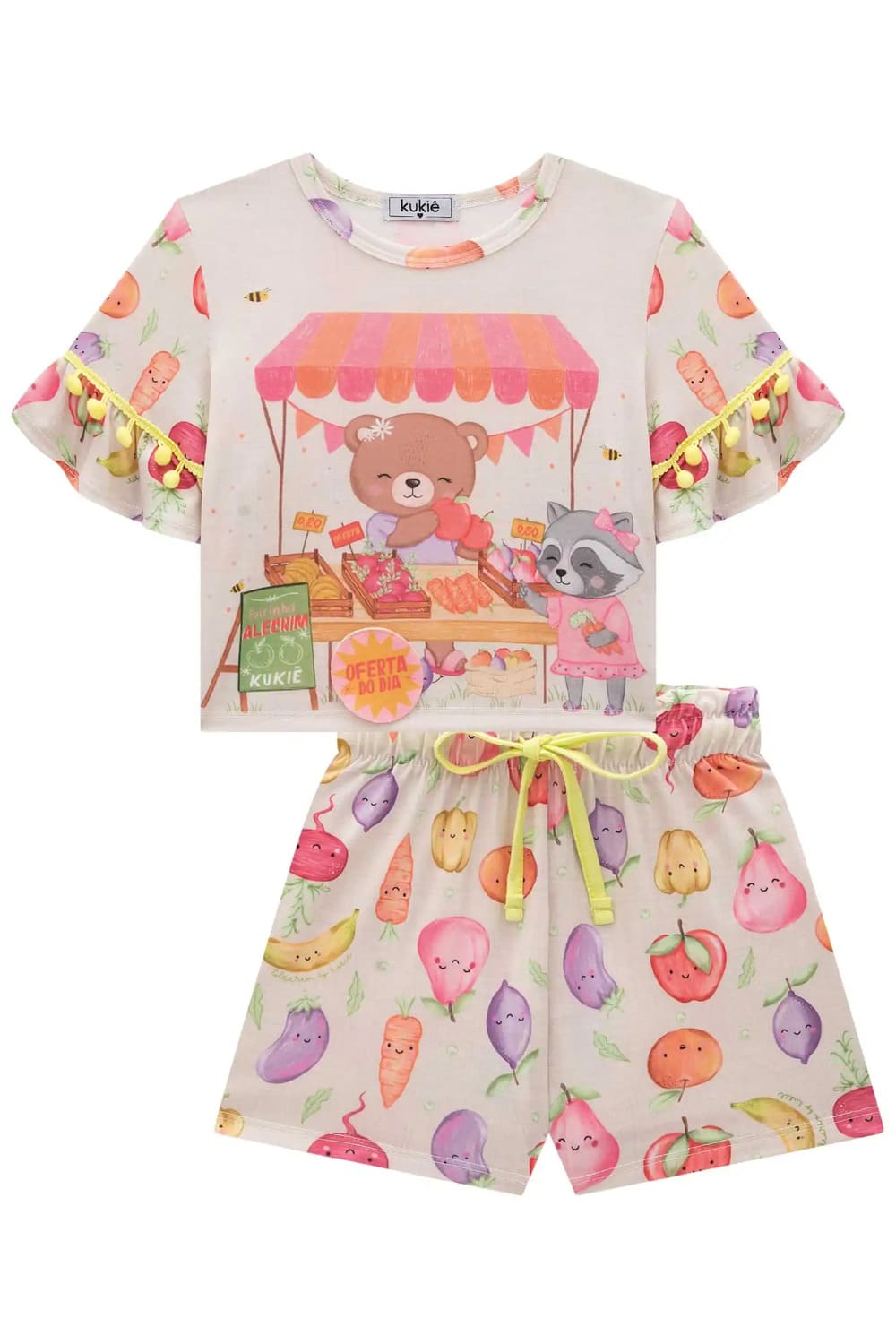 Conjunto Infantil Kukie Alecrim Verão Shorts e Blusa Bege Ursinha