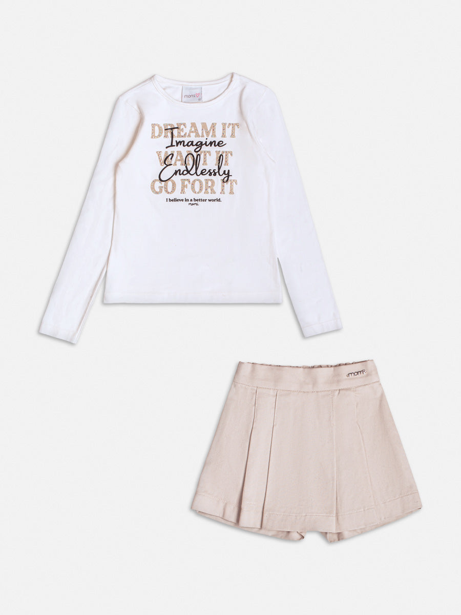 Conjunto Infantil Momi Inverno com Shorts Saia Bege e Blusa Manga Longa Branca Dream