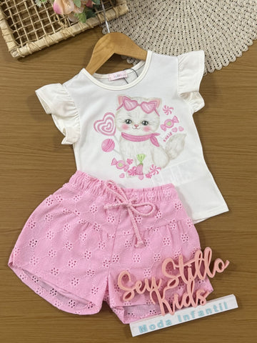 Conjunto Infantil Kukiê Verão com Shorts Rosa e Blusa Branca Gatinha