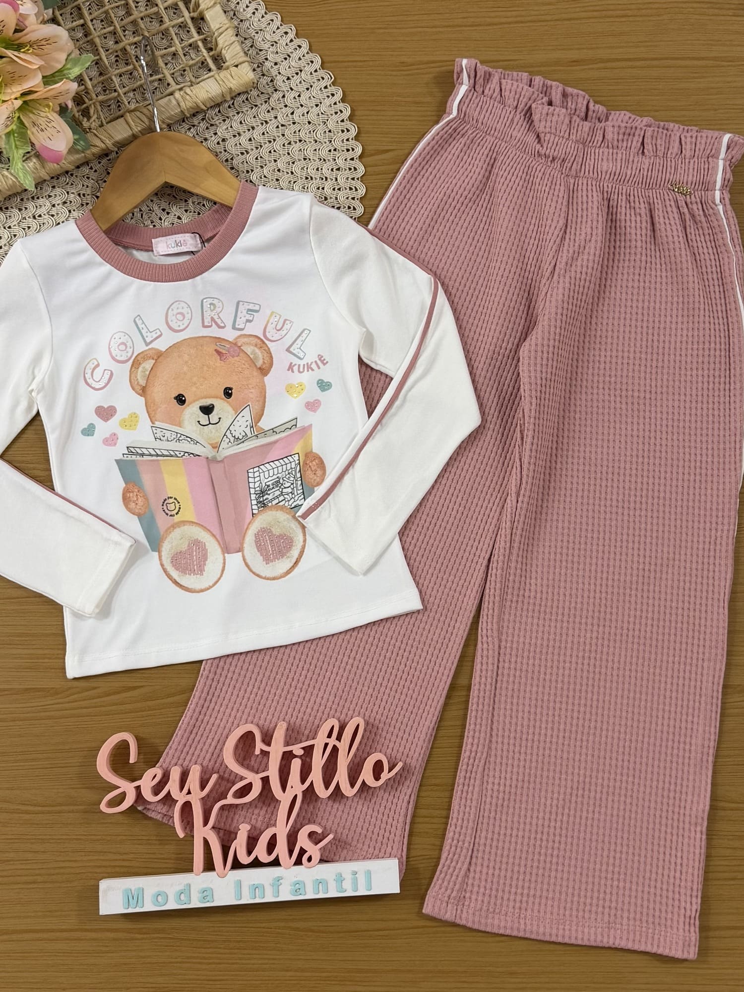 Conjunto Infantil Kukiê Inverno com Calça Rosa e Blusa Manga Longa Ursinha Colorful