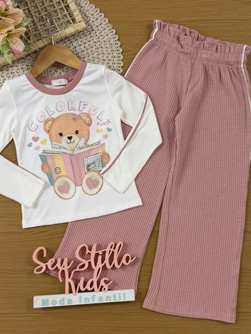Conjunto Infantil Kukiê Inverno com Calça Rosa e Blusa Manga Longa Ursinha Colorful