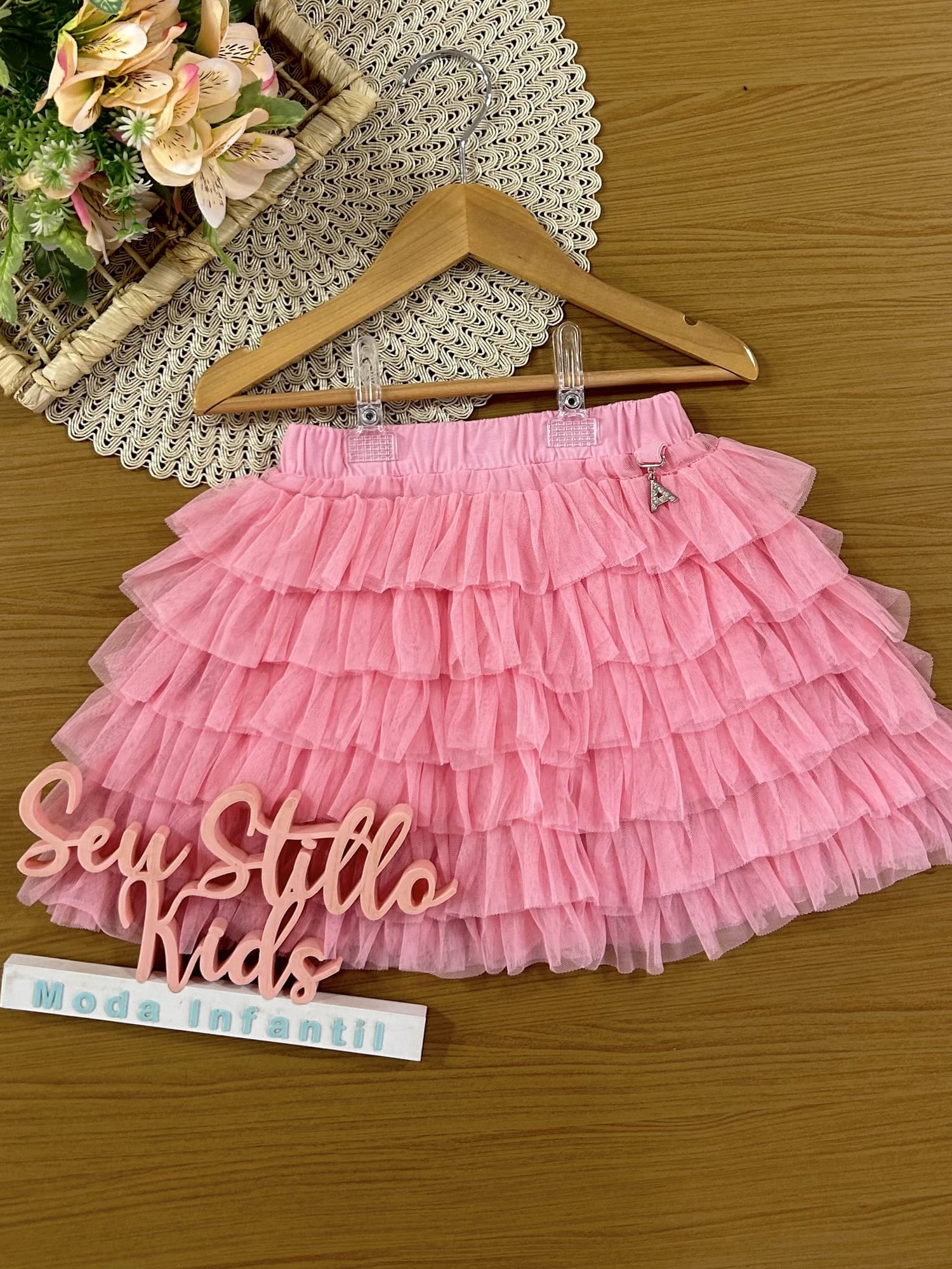 Saia Infantil Animê Verão Rosa em Tule