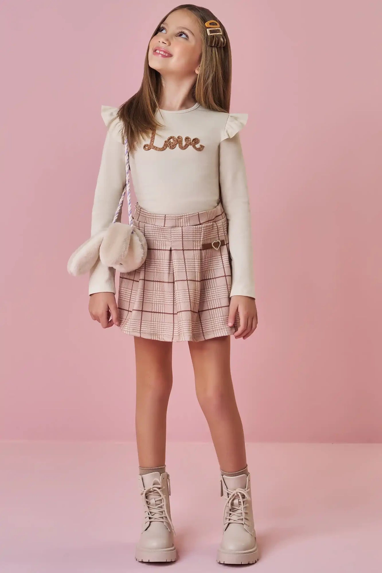 Conjunto Infantil Kukiê Invenro com Shorts Saia e Blusa Manga Longa Bege Love