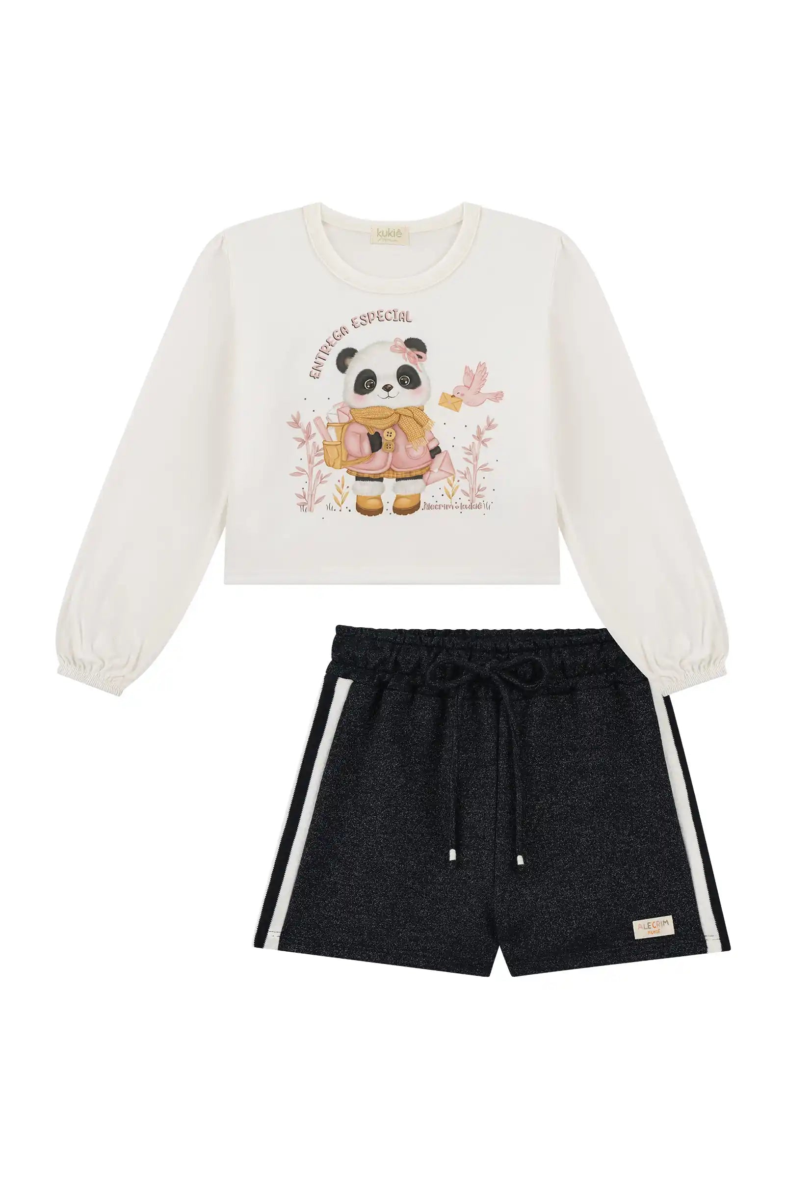 Conjunto Infantil Kukiê Inverno com Shorts Preto e Blusa Manga Longa Pandinha