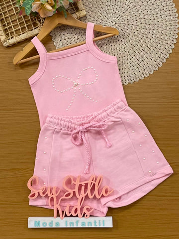 Conjunto Infantil Menina Kukiê com Shorts e Blusa Rosa Lacinho Pérolas