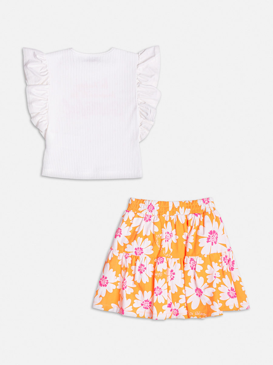 Conjunto Infantil Momi Verão Saia Laranja Flores e Blusa Grateful