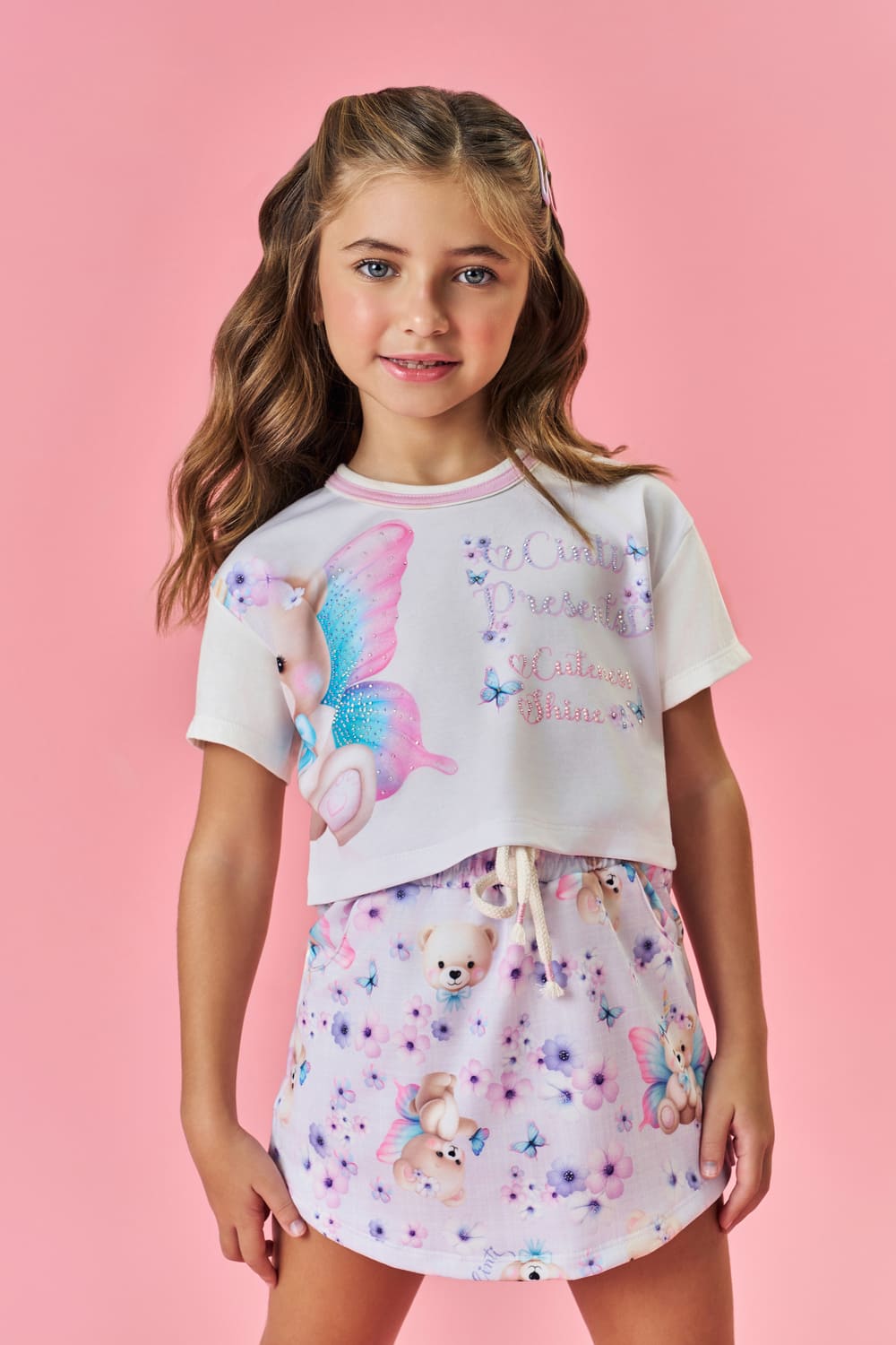 Conjunto Infantil Cinti Verão Shorts Saia e Blusa Fada Ursinha