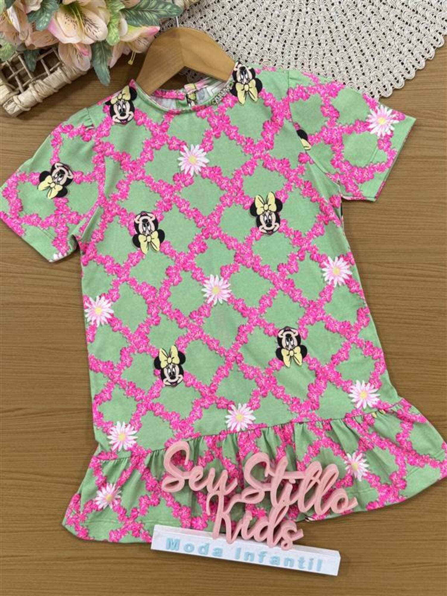 Vestido Infantil Animê Verão Verde Minnie Floral Disney
