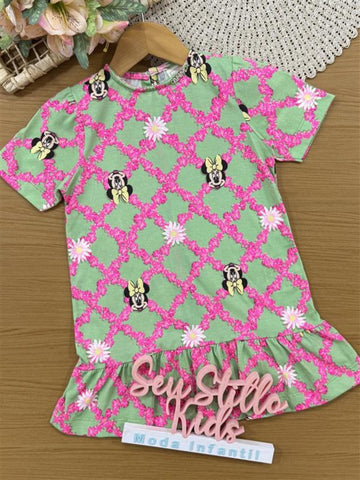 Vestido Infantil Animê Verão Verde Minnie Floral Disney