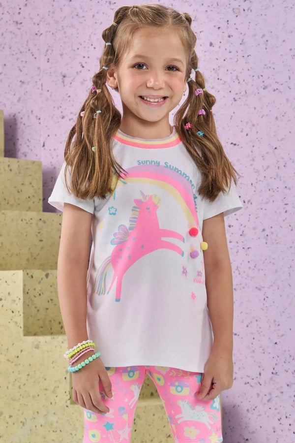 Blusa Infantil Kukiê Verão Branca Unicórnio Arco-íris