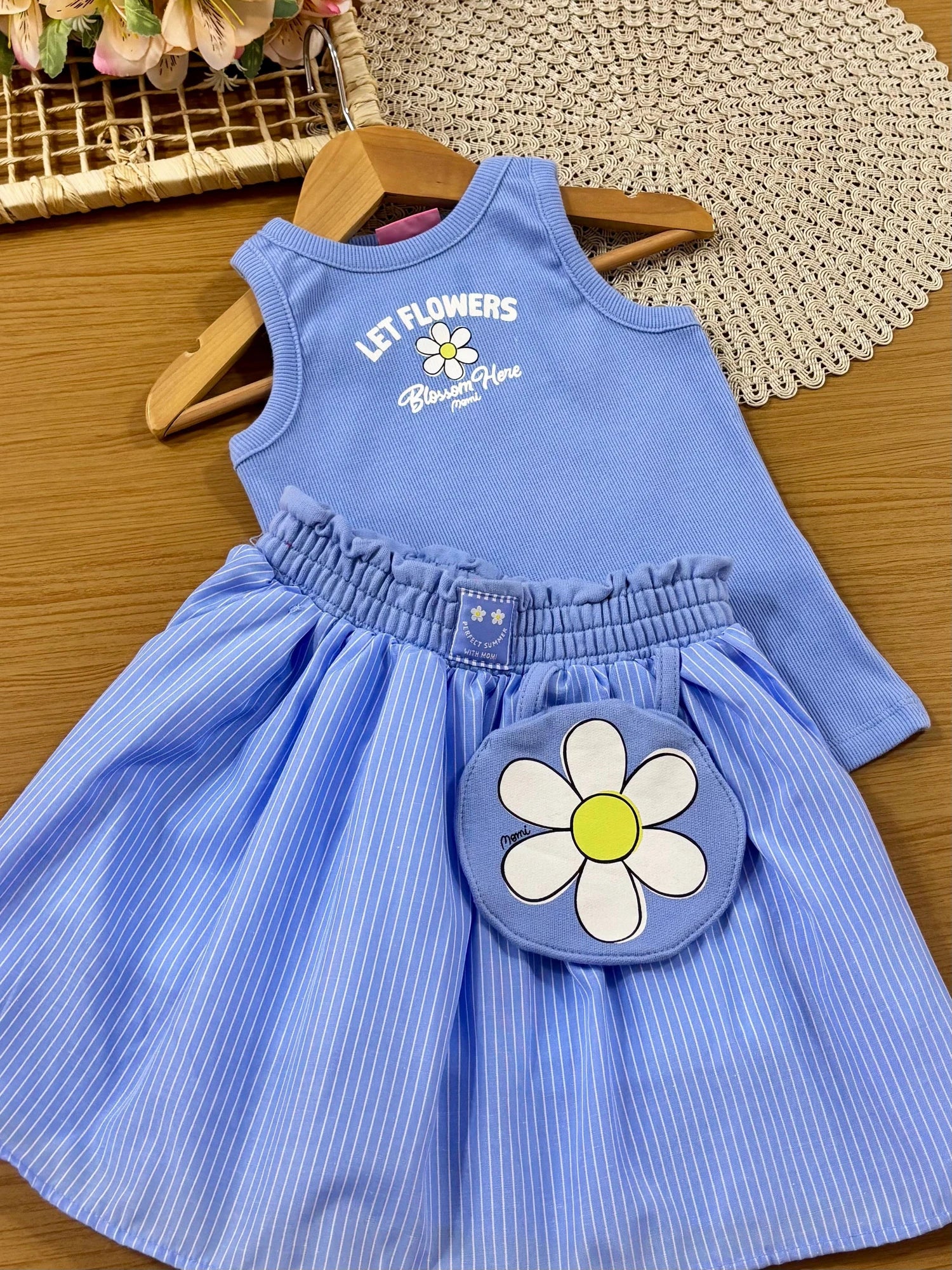Conjunto Infantil Menina Momi com Saia e Regata Azul Let Flowers