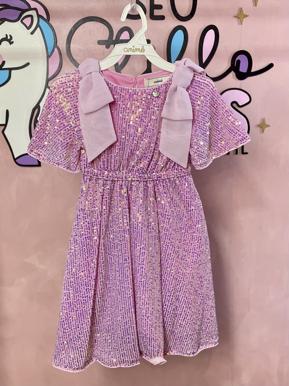 Vestido Infantil Animê Verão Tule Rosa com Paetê