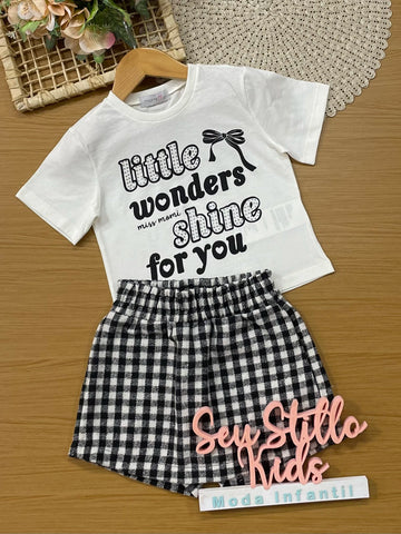 Conjunto Infantil Momi Inverno Shorts Saia Xadrez e Blusa Manga Curta Little Wonders Shine