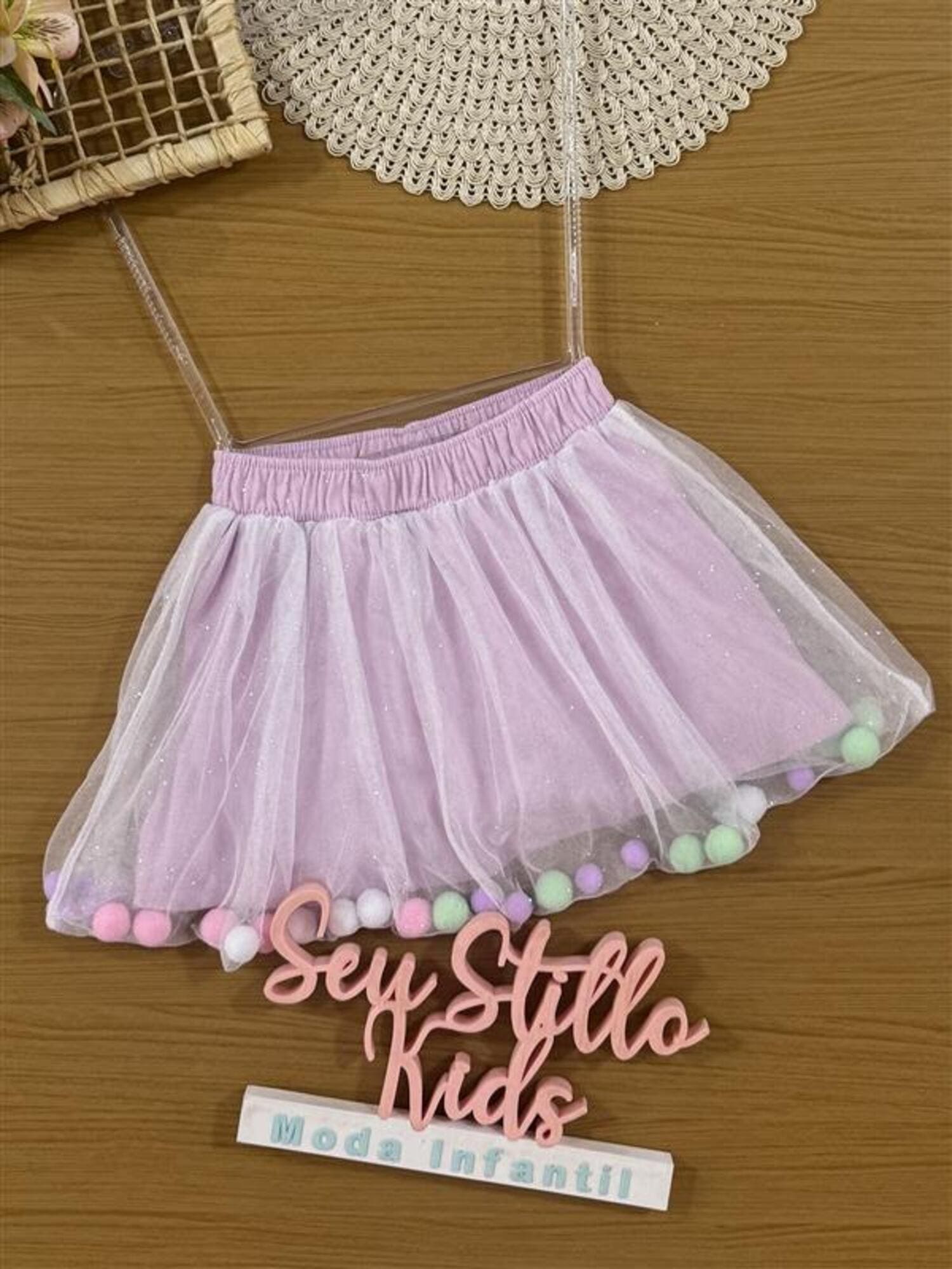 Saia Infantil Cinti Verão Lilás em Tule com Glitter
