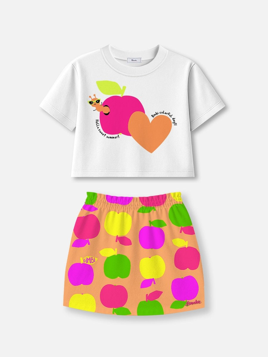 Conjunto Infantil Bimbi Verão com Saia Laranja e Blusa Branca Maçãzinha