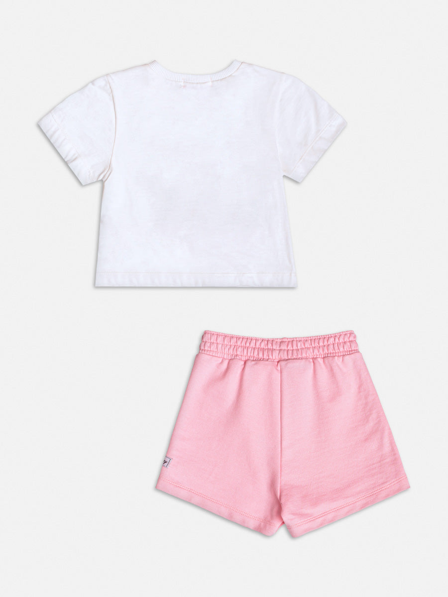 Conjunto Infantil Momi com Shorts Saia Rosa e Blusa Branca Marie Disney