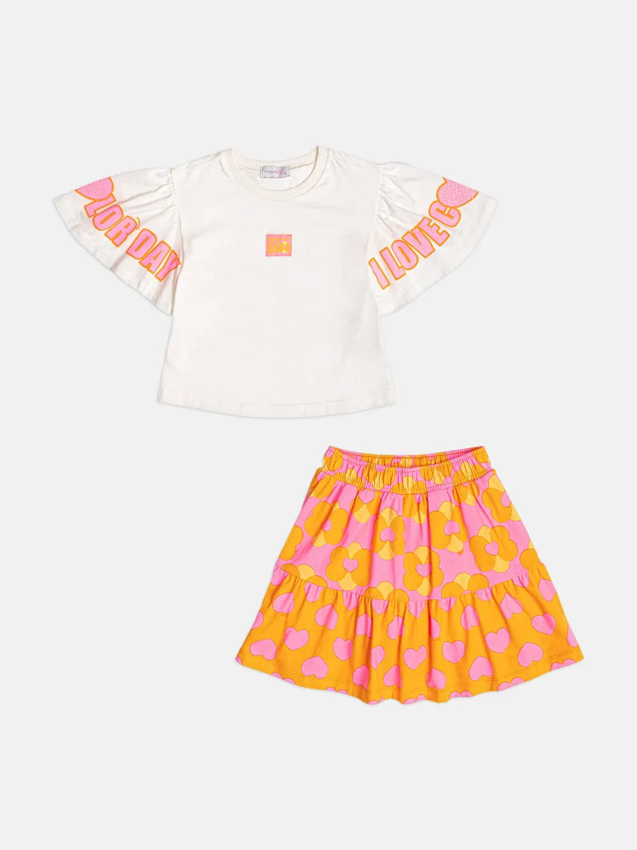 Conjunto Infantil Menina Momi Saia Laranja Corações e Blusa Branca