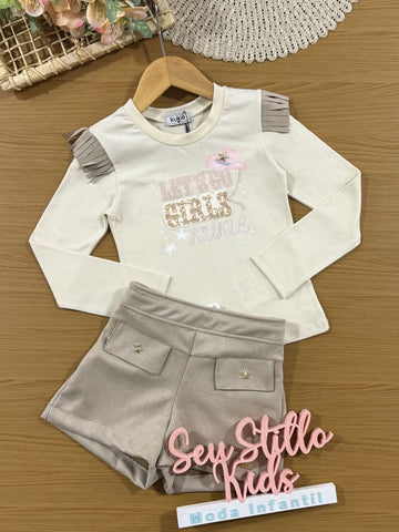 Conjunto Infantil Kukiê Inverno com Shorts e Blusa Manga Longa Bege Cowgirl