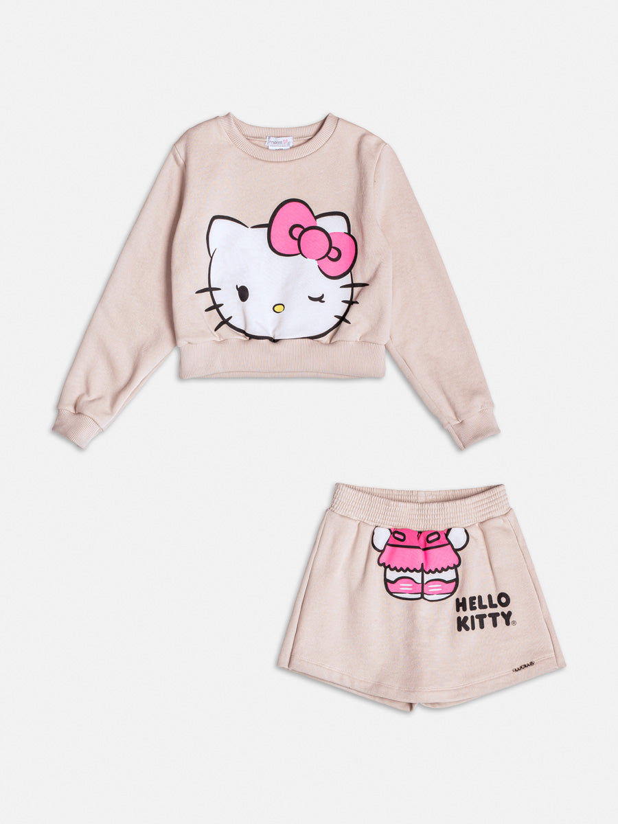 Conjunto Infantil Momi Inverno Short Saia e Casaco Bege Hello Kitty