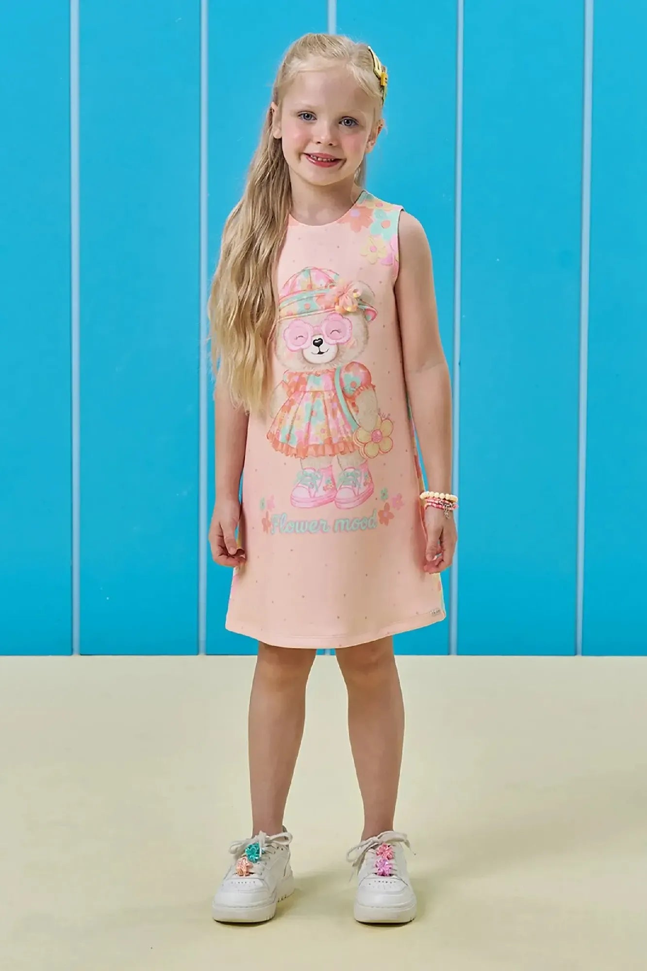 Vestido Infantil Kukiê Laranja Claro Ursinha Florista